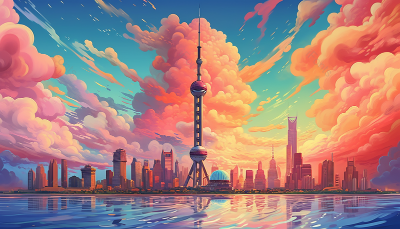 东方明珠塔城市手绘插画国潮风背景,插画/手绘图,插画/手绘图库,插画/手绘图下载,插画/手绘